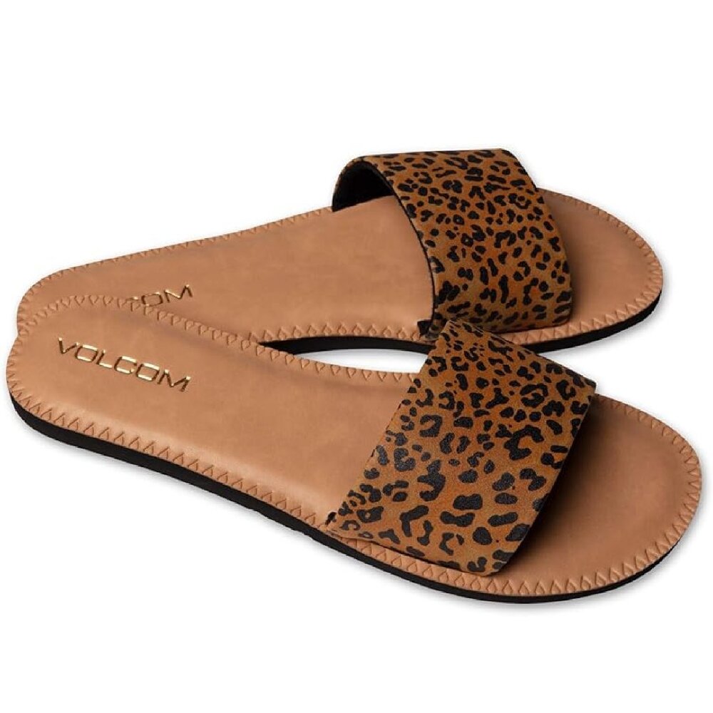 Volcom Synthetic Leather Strap Slide Sandal in Cheetah